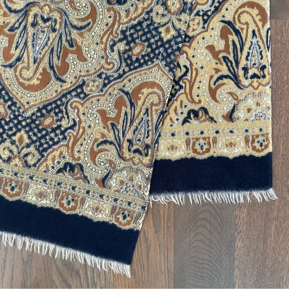 Anthropologie Vintage Paisley Oblong Wool Woven Scarf Navy Blue, Gold, Brown - Picture 3 of 5